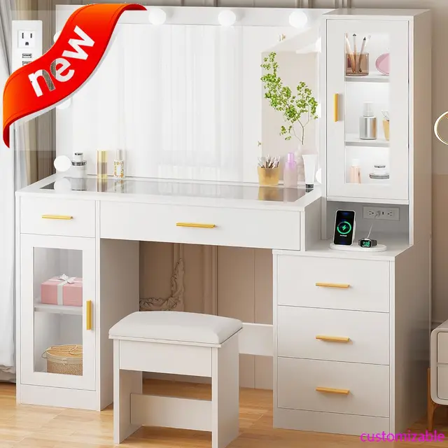 49.2" Large Vanity Desk with Mirror and Lights,White Makeup Vanity Table with Glass Top,Stool,Makeup Desk with Power Outlet