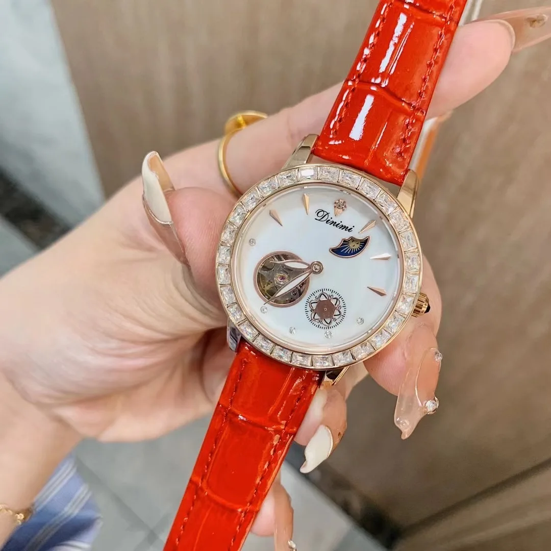 Scheletro Donna Orologi Meccanici Autoavvolgenti Cristalli Brillanti Orologio Da Polso Fasi Lunari Cinturino In Pelle Orologio Automatico Impermeabile
