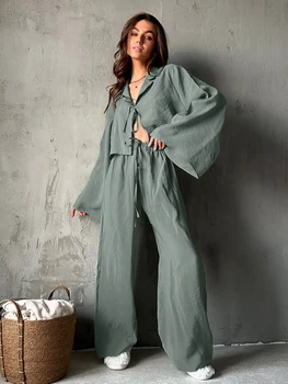 Marthaqiqi Loose Women Pajamas Suit Turn-Down Collar Sleepwear Long Sleeve Nightgowns Lace Up Nightwear Pants Casual Pyjamas Set