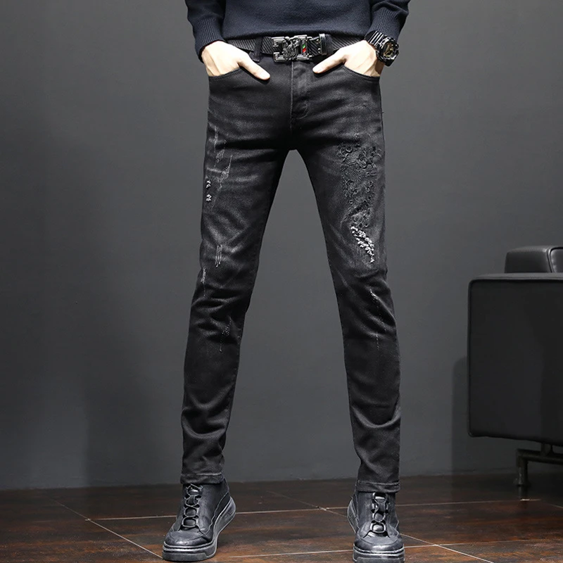 EH · MD® Heavy Industry Embroidered Jeans Men's Rose Double Crane Crane Chinese Style Slim Small Foot Stretch Youth Long Pants