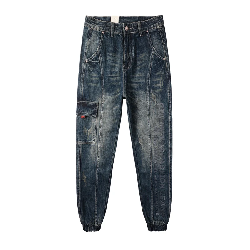 Streetwear Fashion Ripped Jeans Men Loose Fit Retro Washed Spliced Designer Casual Denim Cargo Pants Printed Hip Hop Joggers Men