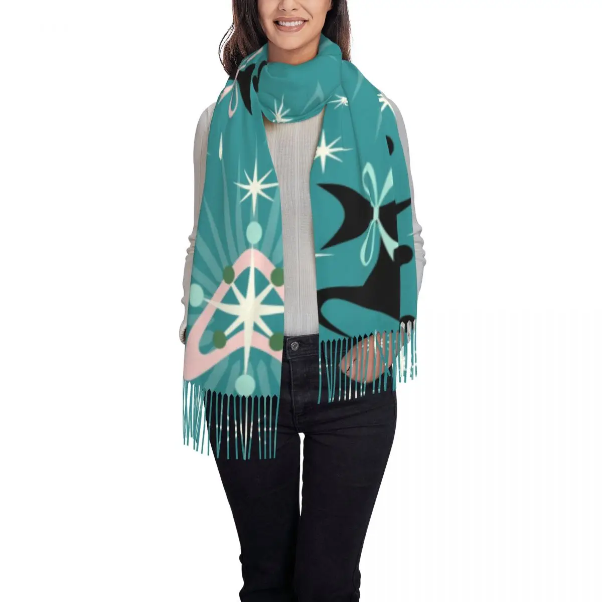 

Personalized Printed Retro Modern Abstract Atomic Age Black Cats Scarf Winter Scarves Mid Century Geometric Shawls Wraps