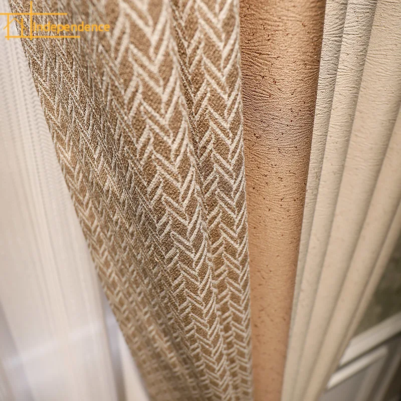 

Milk Tea Beige Linen Jacquard Stitching Thickened Curtains for Living Room Bedroom French Window Custom Window Screen