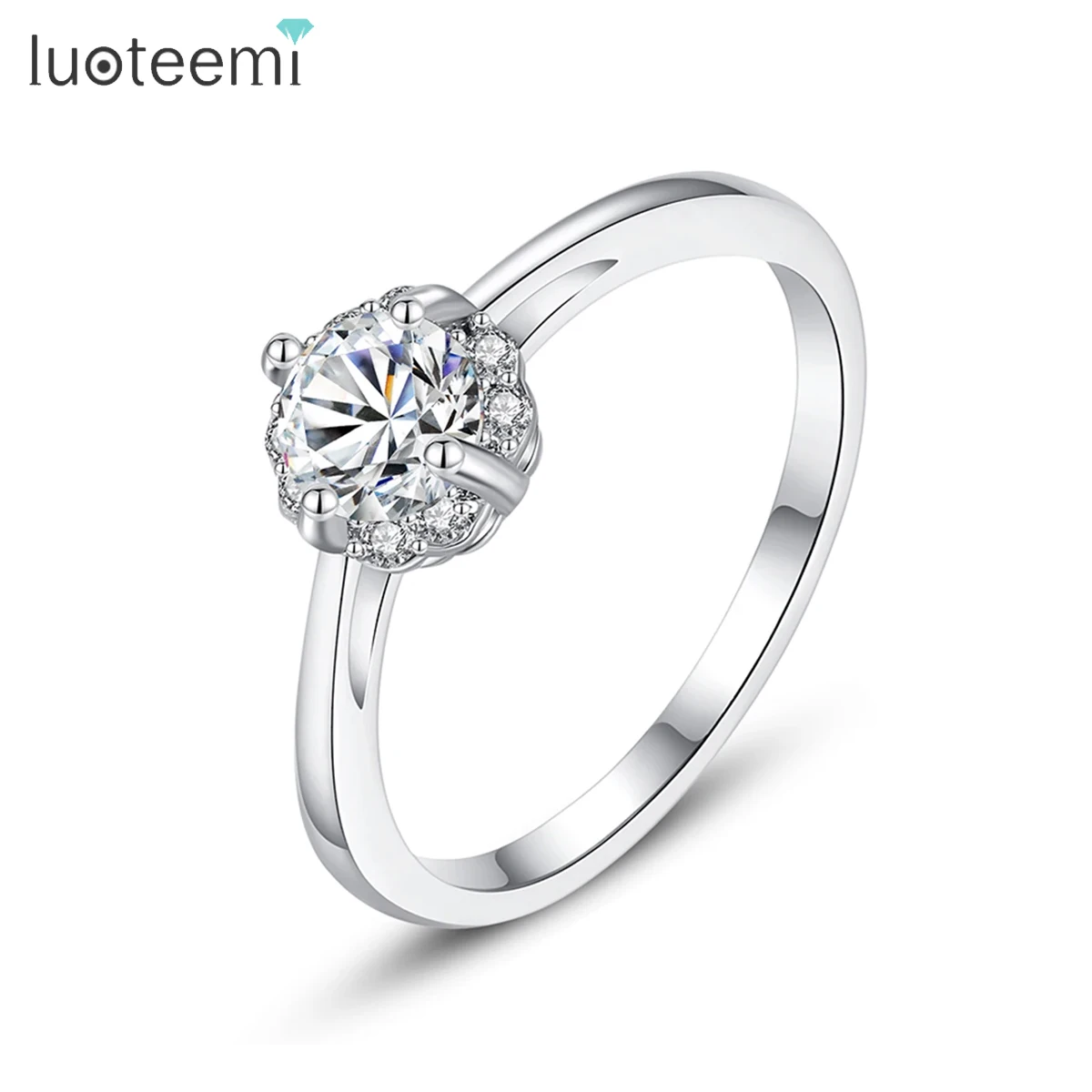 

LUOTEEMI Simple Small Flower Cubic Zirconia Wedding Bridal Rings 6MM CZ Girl Party Korean Fashion Accessories Friendship Gifts