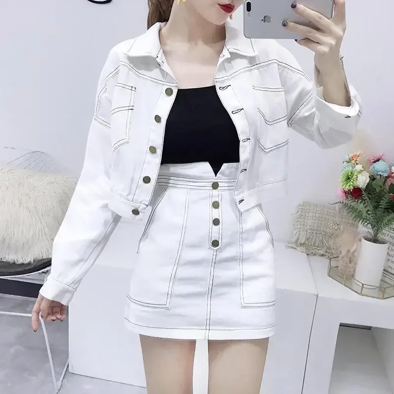 2024 Fashion Women's Clothing Set Long-Sleeved Jean Jackets Coat White Skirt Two-Piece Denim Suit Slim Casual Lady Vestido Y240 janevini new fashion dark gray women shawls and wraps wedding jackets 2020 faux fur bolero bridal cape winter warm shrugs stoles