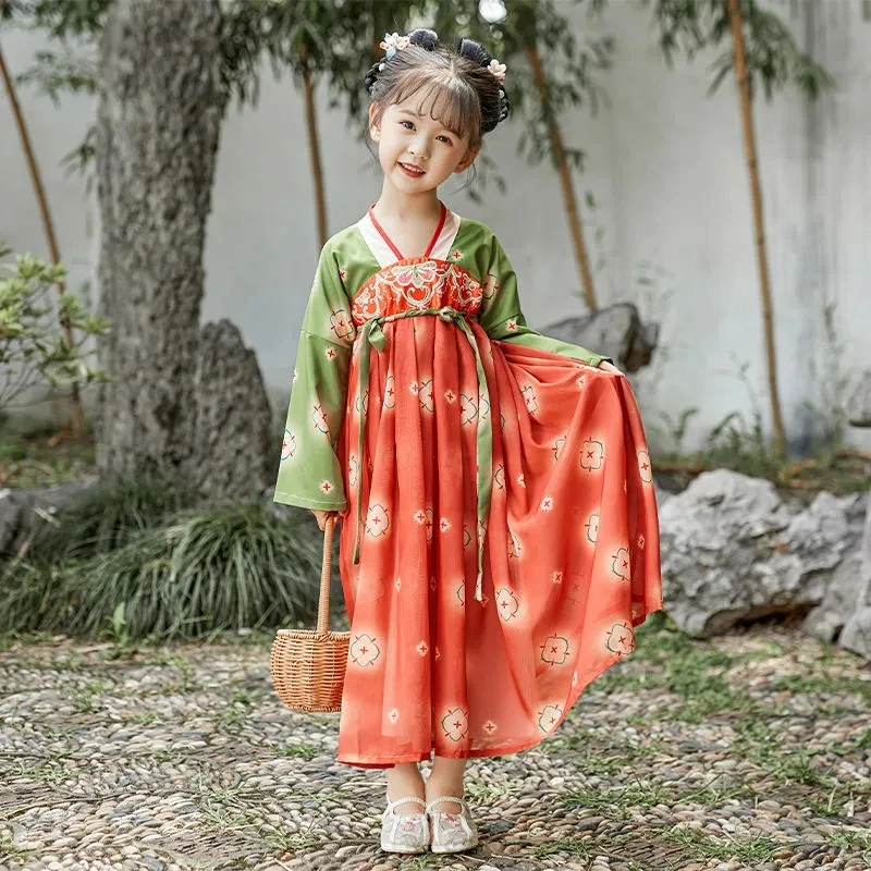 

Новинка, весенне-осеннее детское платье Hanfu для девочек, женское платье принцессы с цветами вишни, детское платье в китайском стиле