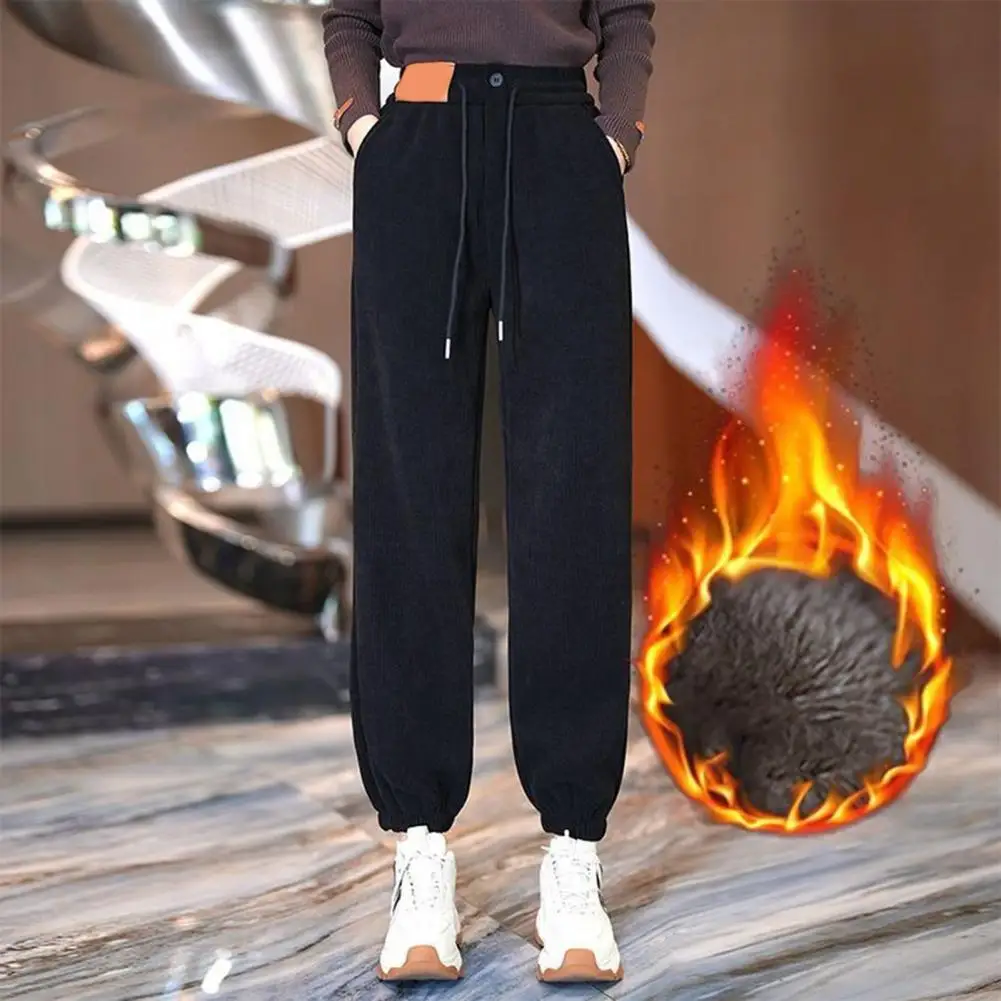 Women Fleece-lined Pants Thick Plush Women's Winter Pants With Drawstring Waist Ankle-banded Pockets Resistant Thermal For Fall men suit set soft casual men s hoodie pants set with adjustable waist elastic cuffs 2 piece set featuring patch pockets ankle