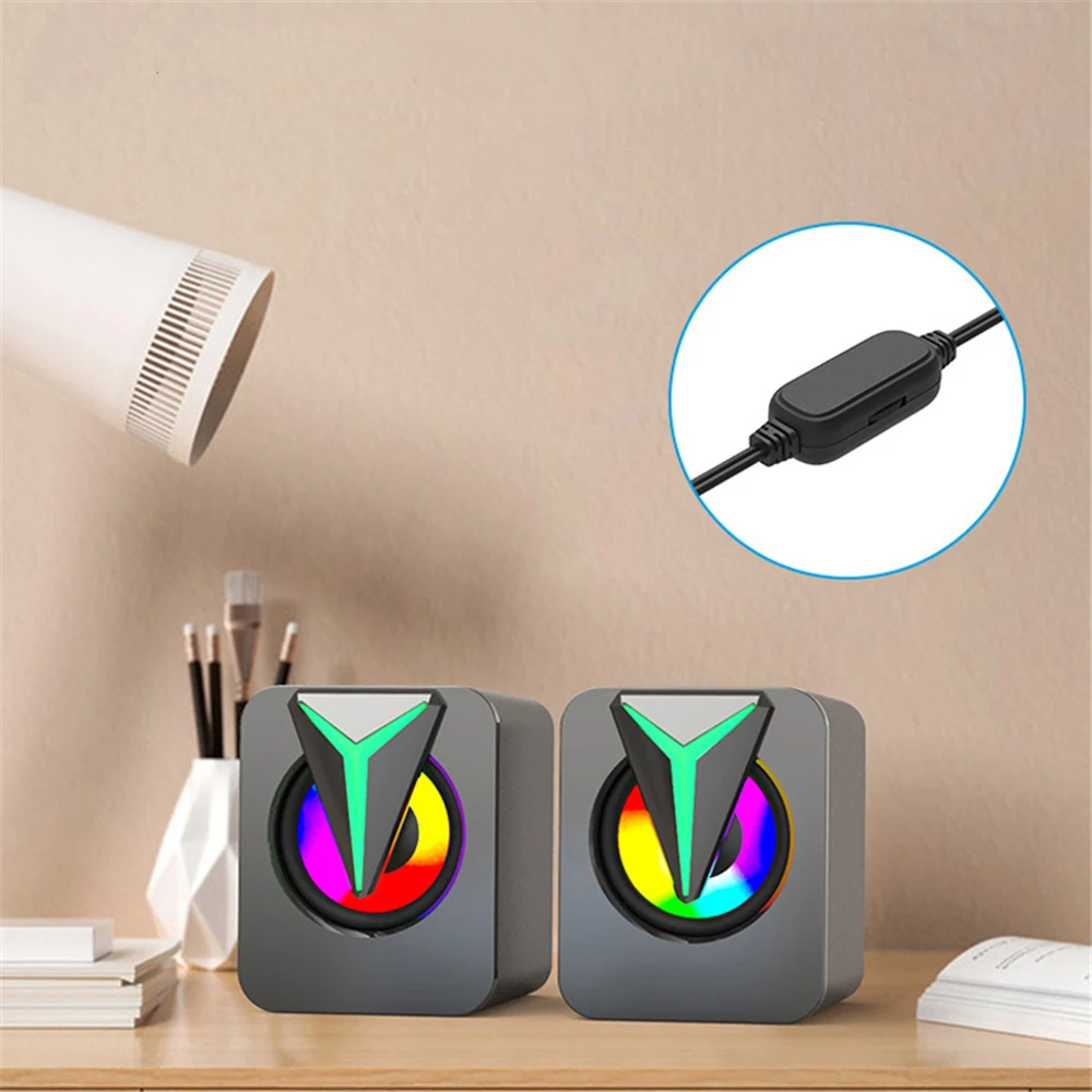 미니 컴퓨터 스피커 USB 유선 3D 스테레오 사운드 서라운드 라우드 스피커, 데스크탑 PC 노트북 홈 시어터에 적합, LED 조명 포함