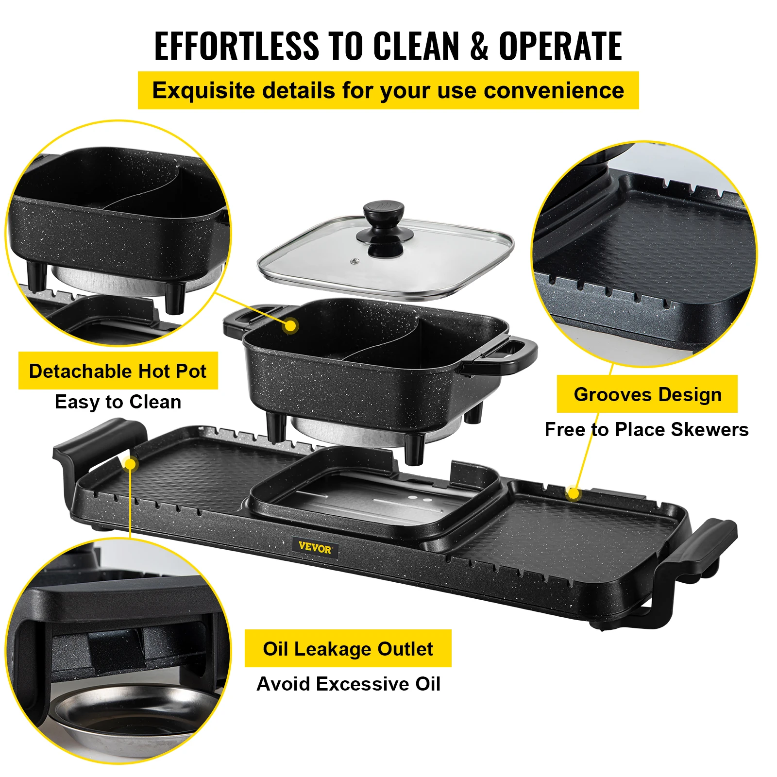 VEVOR 2in1 Electric BBQ Pan Grill Hot Pot 2400W Multifunction Home Portable Smokeless Nonstick Detachable Hot Pot Barbecue Plate 6