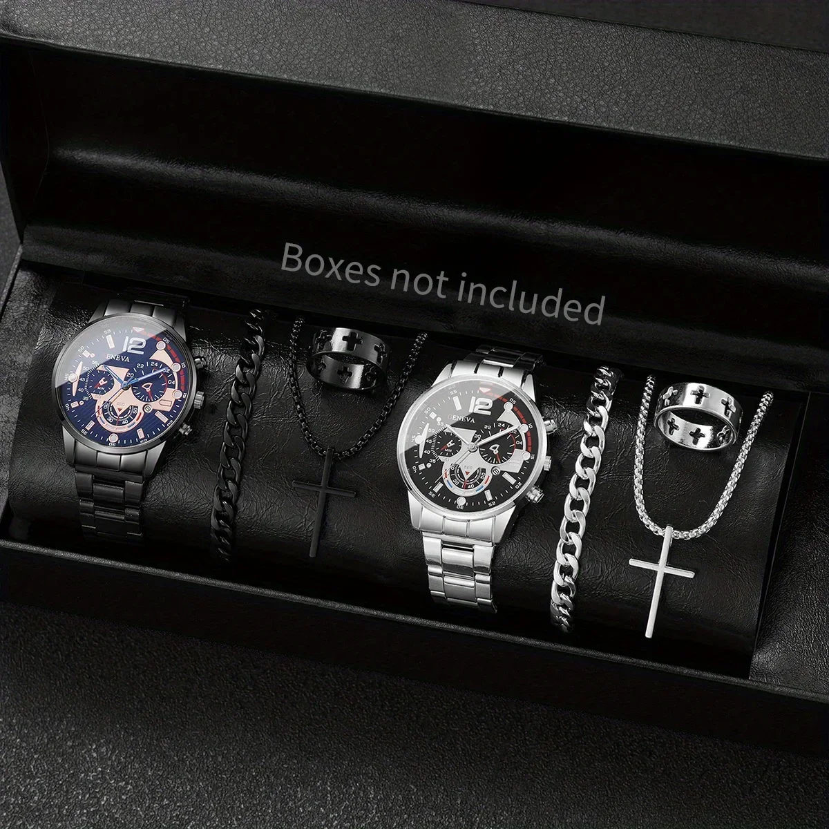 4PCS Mens Business Watch Bracelet Ring Set Analog Mechanical Quartz