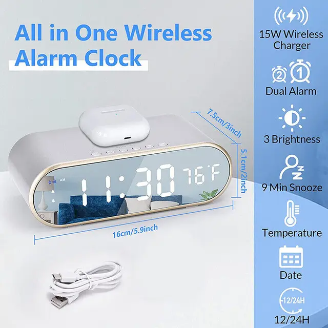 Új Digitális Ébresztőóra Vezeték Nélküli Töltés Qi Kompatibilis Aranyos Csendes Tükör Óra Student Desktop Led Elektronikus Felnőtt Számára - Image 3