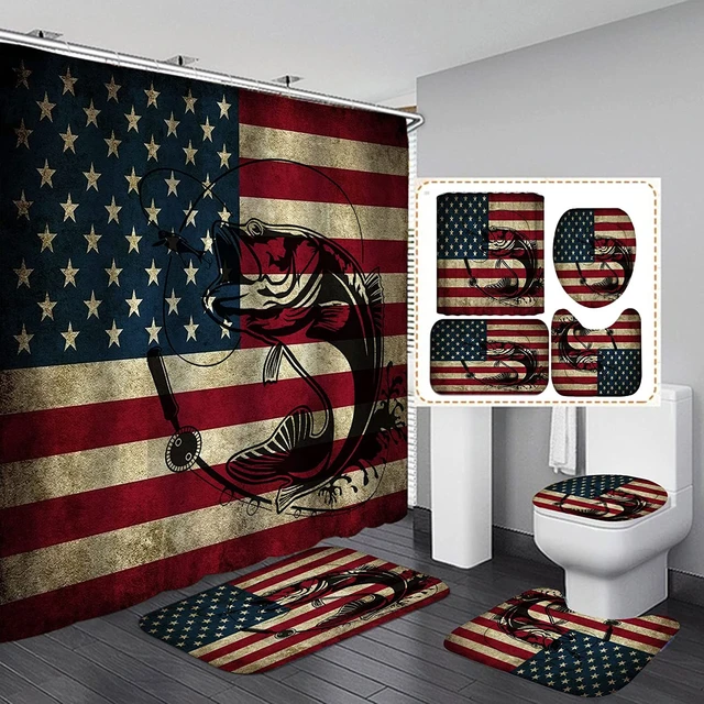 4PCS Fishing Shower Curtain Vintage American Flag Stars Stripes