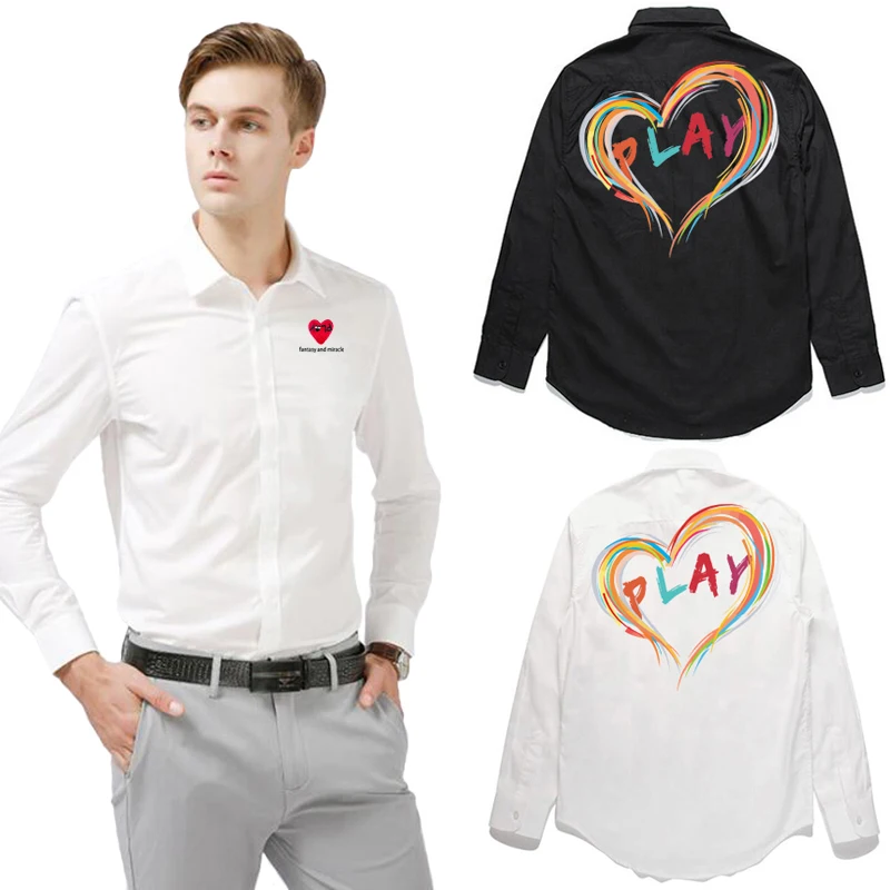 

Men Shirt Heart Letter Embroidery Back Color Stripes Letter Heart Printing Polyester Spring Autumn Lapel Single Breasted Shirts