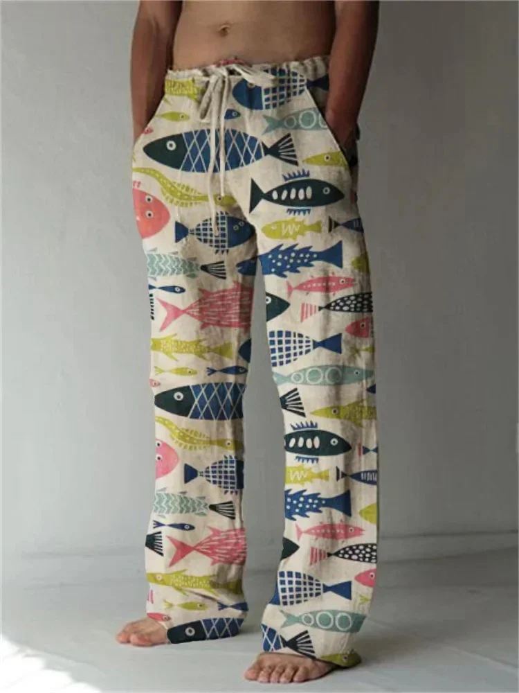 Fashion new simple pattern printed men's casual pants comfortable bamboo linen handsome straight pants loose daily leisure 3