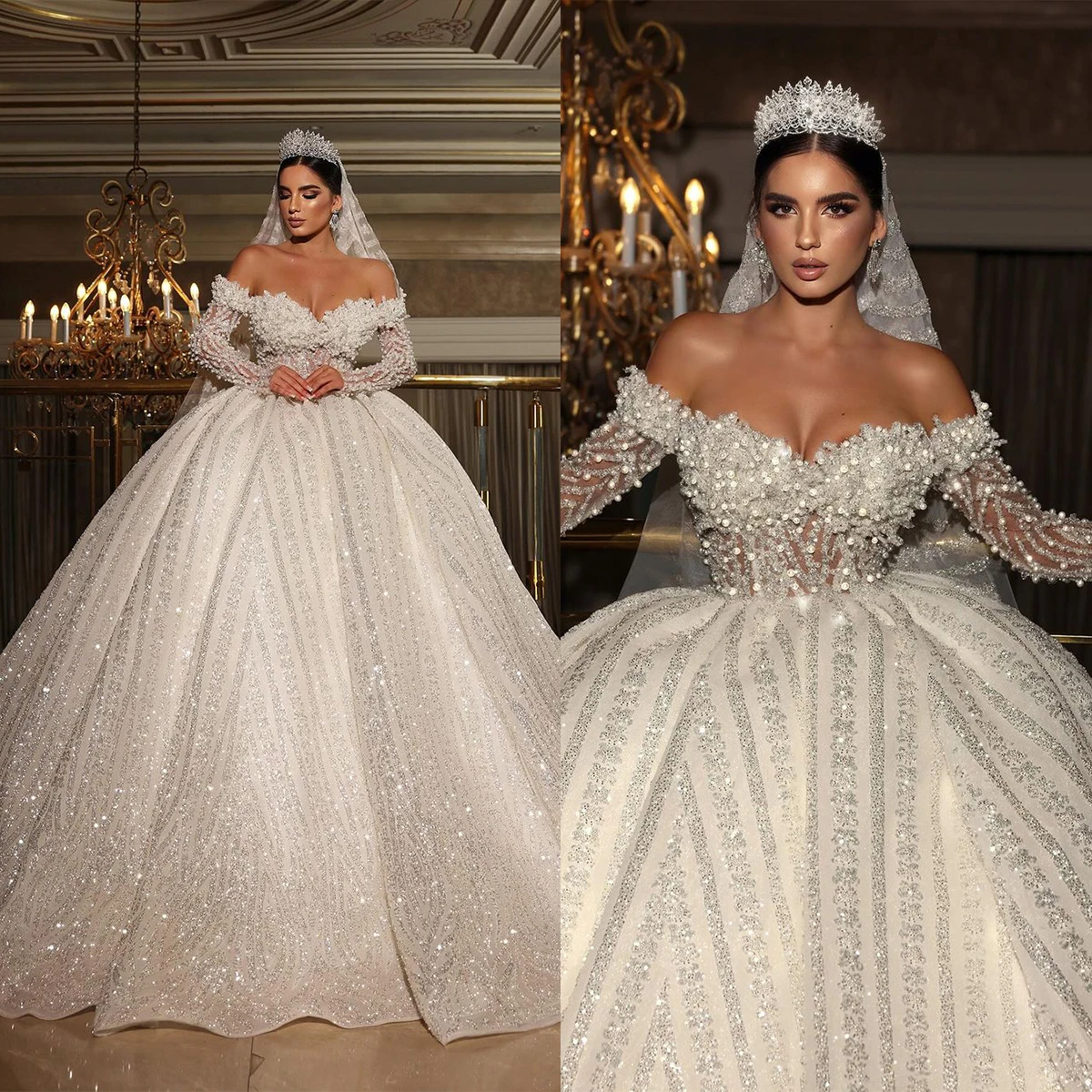 

Luxurious Off The Shoulder Ball Gown Wedding Dresses Sexy Long Sleeve Beading Pearls Bridal Gowns Glitter Sequins Robe De Mariée