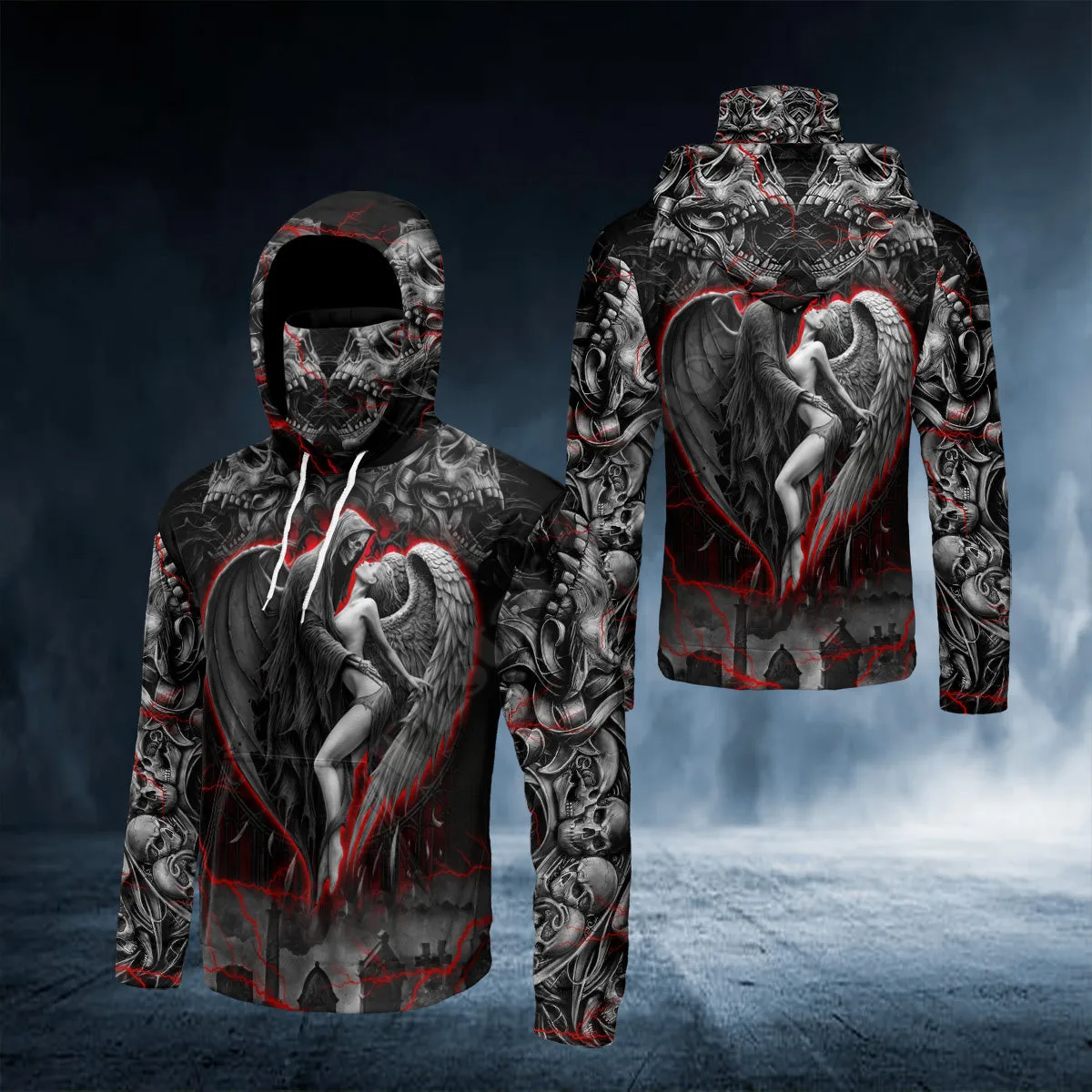 Death And Angel Forbidden Couple Love Skull 3D Printed Bandana Hoodie US Size Women For Men Casual Pullover Hoodie Mask Warm