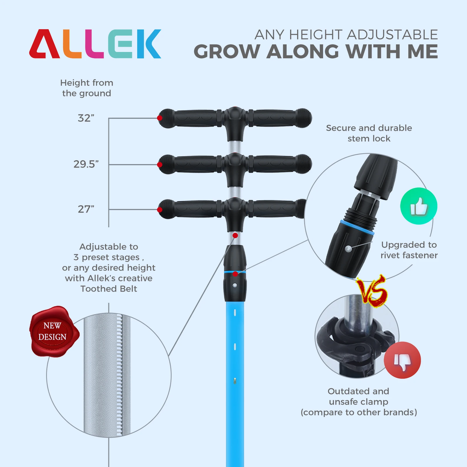 Allek Kick Scooter Aqua Blue 3-Wheeled Push Children Scooter with PU Light-Up Wheels Ajustable Height for Children Kids 3-12yrs