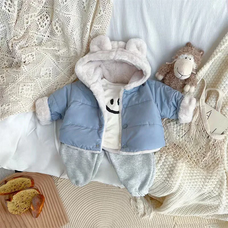 3729D Ins Korean Baby Coat Neutral Thickened Solid Color Coat Winter Warm Hooded Boy's Jacket Girl's Casual Bear