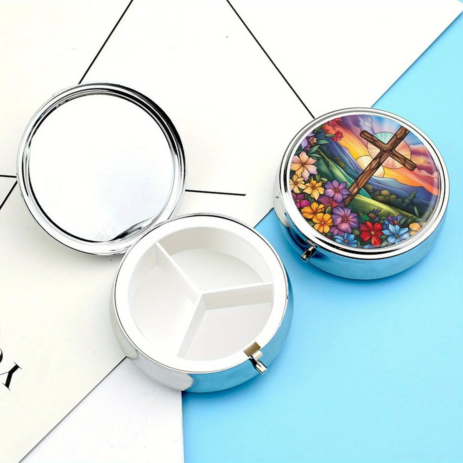 Stained Glass Style Cross Pill Organizer 2-Compartment Portable Religious Medicine Case Compact Vitamin Holder for Pocket Purse