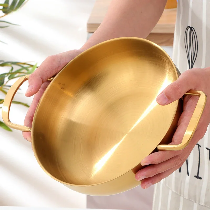 Stainless Steel Korean-Style Seafood Double-Handled Pot, Flat-Bottomed for Home Use, Mini Double, Golden, Compact Soup cookware