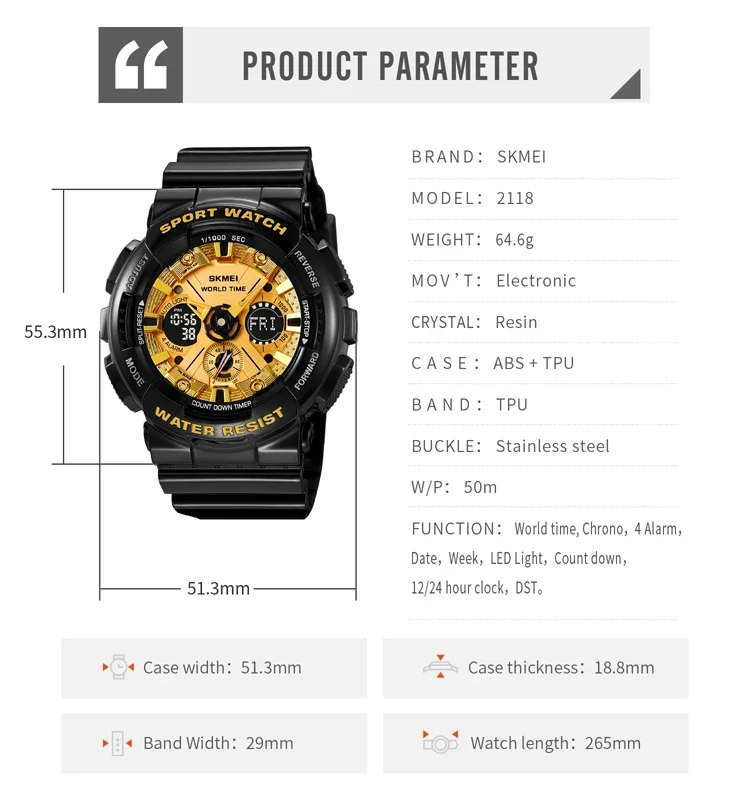 SKMEI 2118 Luxury Shockproof Countdown LED Display Mens Wristwatches Sport Waterproof Digital Watch for Men Relojes Para Hombre 6