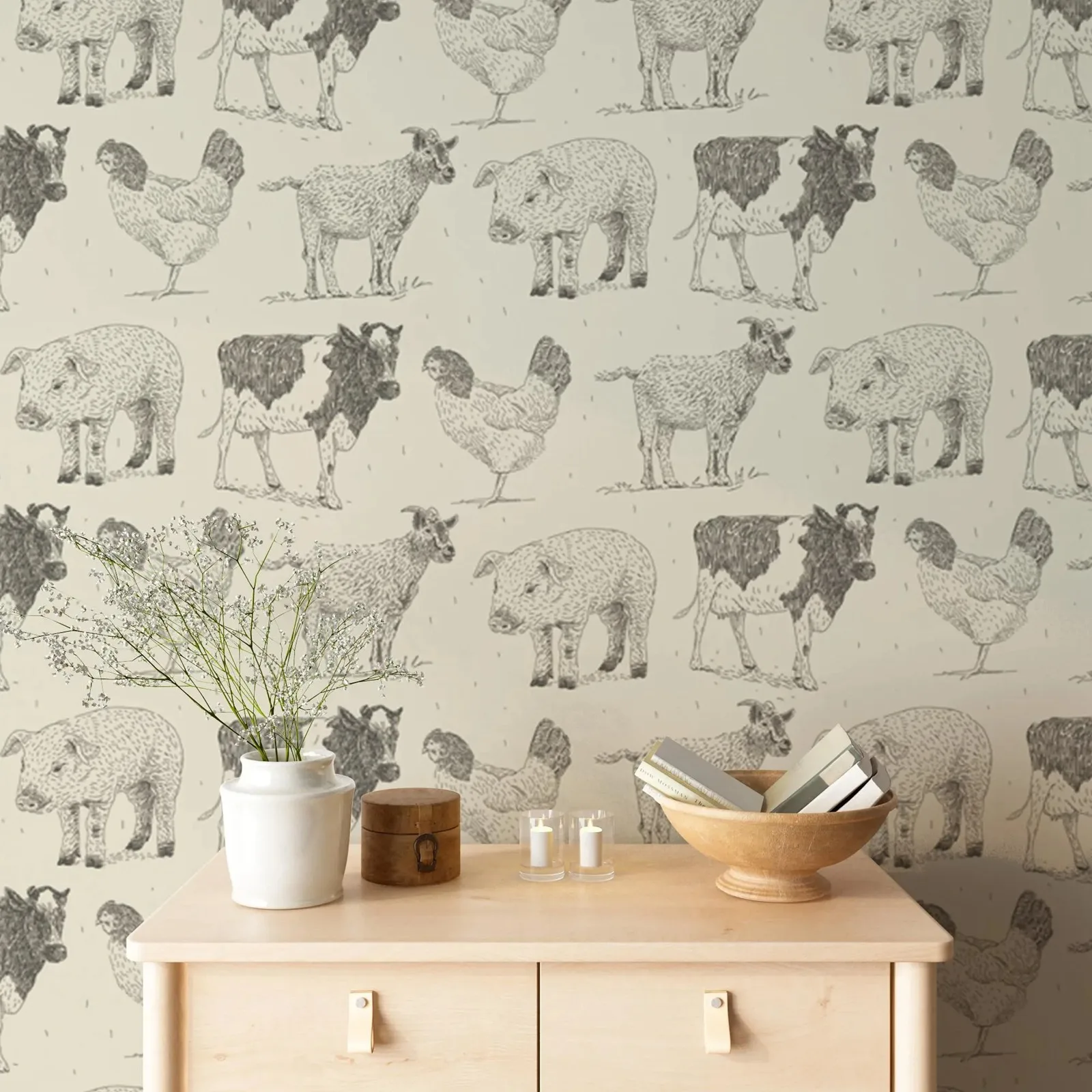 טפט חווה עצמי דביק, נייר קיר לחווה ניתן לקילוף ולהדביק, נייר קיר עם סוסים ותרנגולות, מדבקת קיר בצבעים נייטרליים