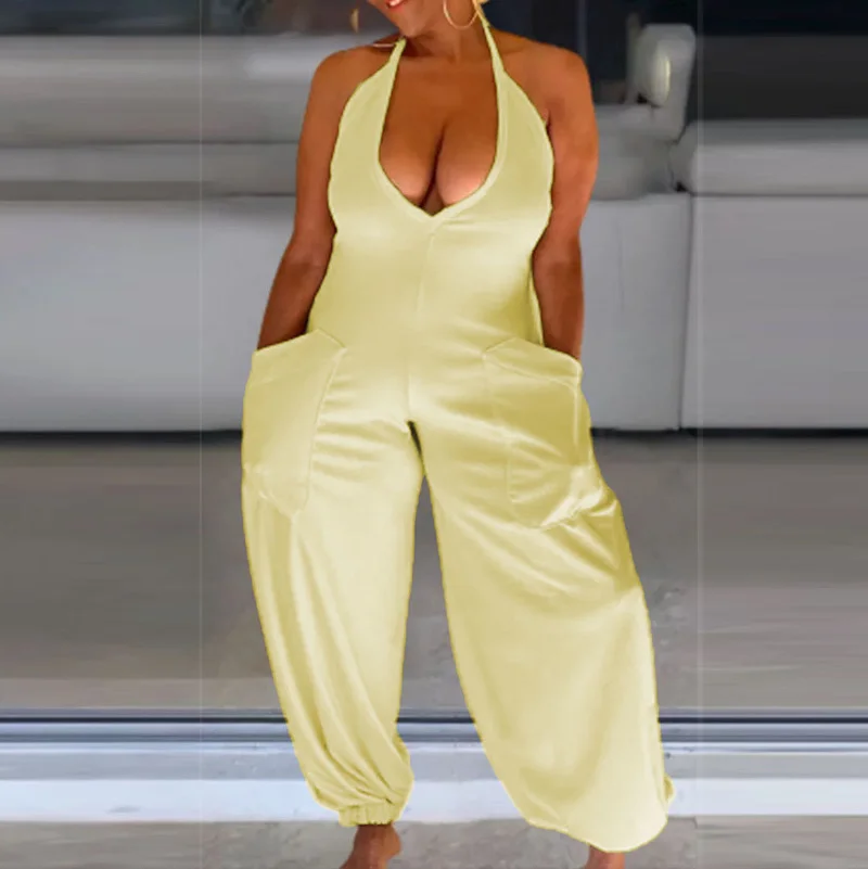 

WUHE Hip Hop Halter Neck Sleeveless Tie Up Backless Haren Women Jumpsuit 2023 Summer Sexy Hollow Out Playsuit Pocket Streetwear