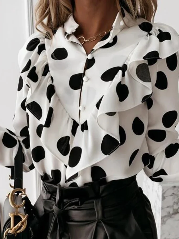 Women Elegant Ruffles Polka Dot Chiffon Blouse