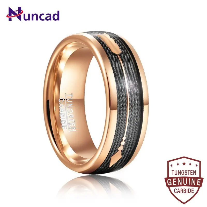 

Nuncad 8mm Rose Gold Inlaid Via Wire Arrow Silver Tungsten Steel Ring Black Color Carbon Firber Men Rings