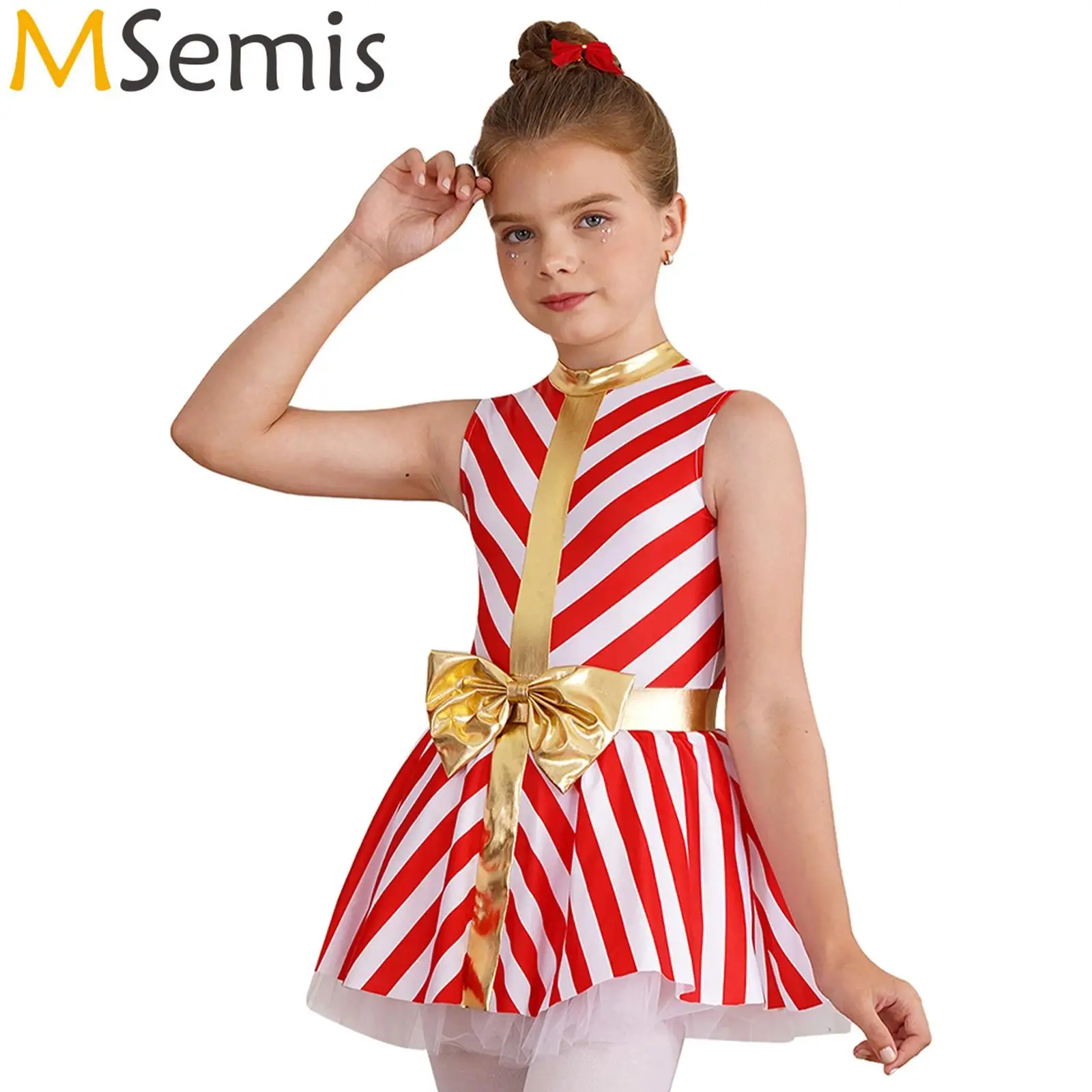 

Kids Girls Xmas Christmas Santa Candy Cane Costume Dress Bow Sleeveless Open Back Stripes Print Tutu Dress Leotard Dancewear