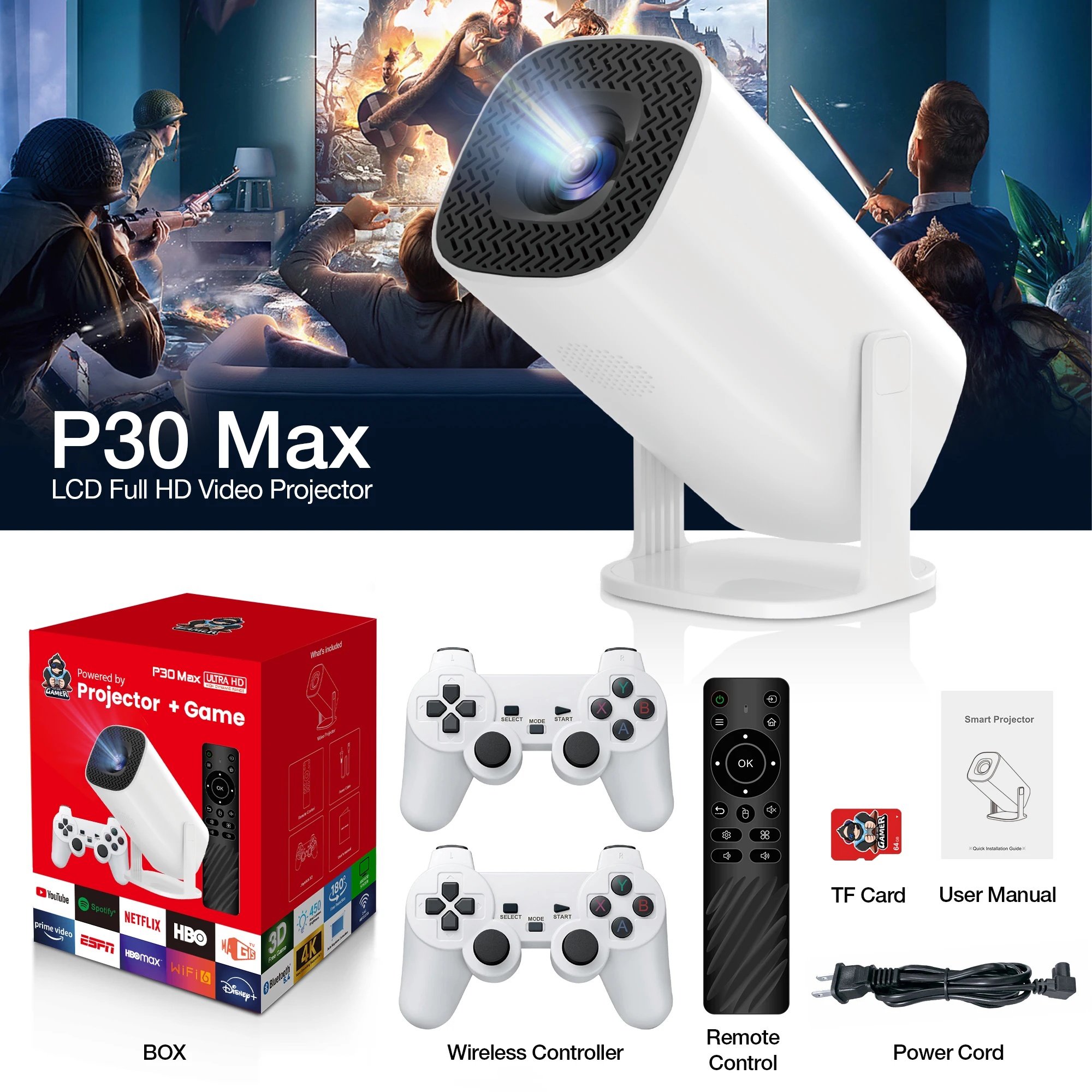 Salange P30 Max Video Game Console Include 2 Wireless Game Controllers 3800 Games Support 4K 1080P Android11 Portable Projector portable projector,mini projector,video projector