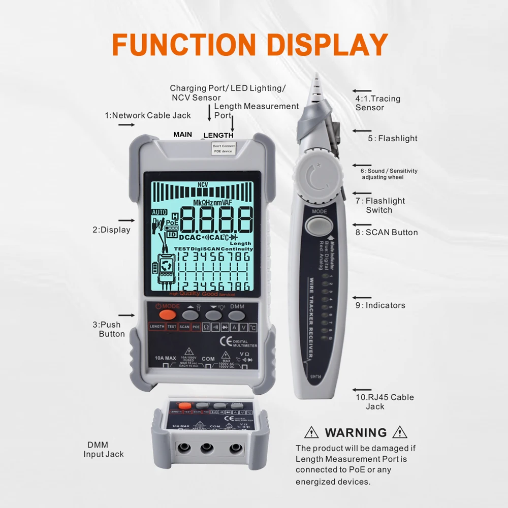 ET616 ET618 Network Cable Tester with LCD Display Analogs Digital Search POE Test Cable Pairing Length