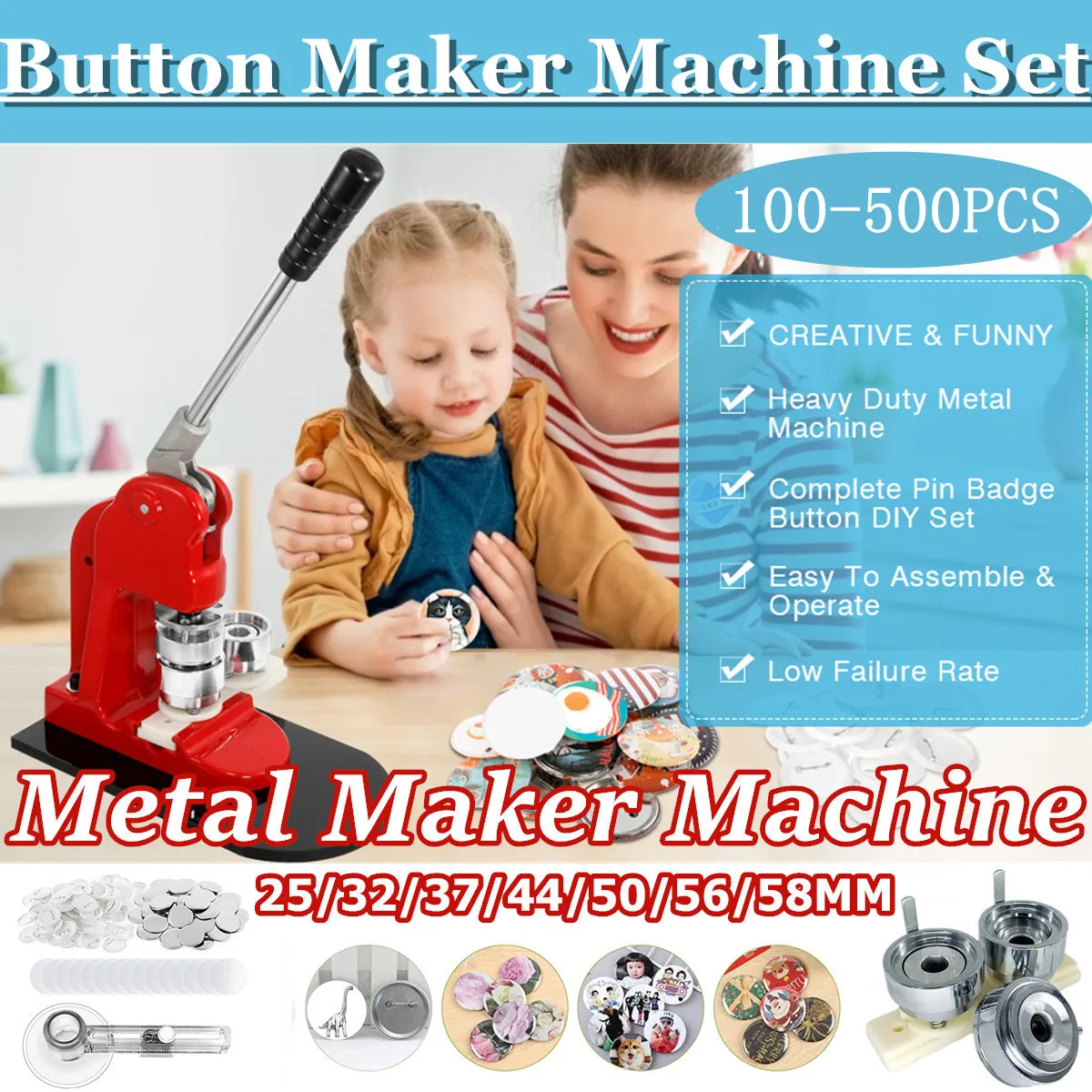 25MM-75MM Button Maker Machine with 100-500Pcs Parts&Circle Cutter&Mold,Heavy Duty Metal Machine,Low Failure rate,DIY Badges Set