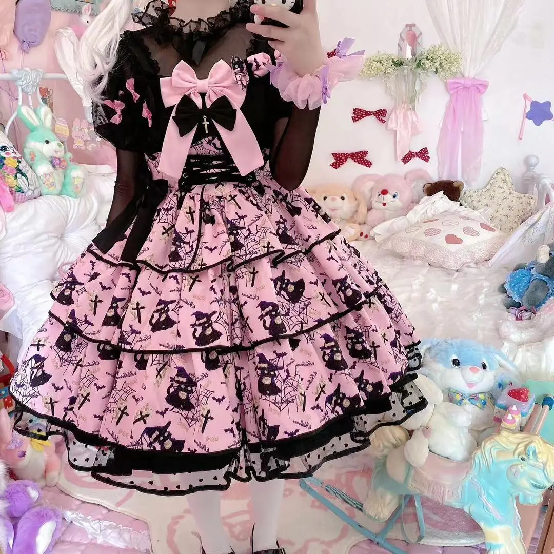 Victorian Sweet Kawaii Lolita Cat Elena Three-stage Jsk Sleeveless Bow Princess Tea Party Dresses Pink Black Purple Yellow lolita dress lolita suspender dress suspender dress