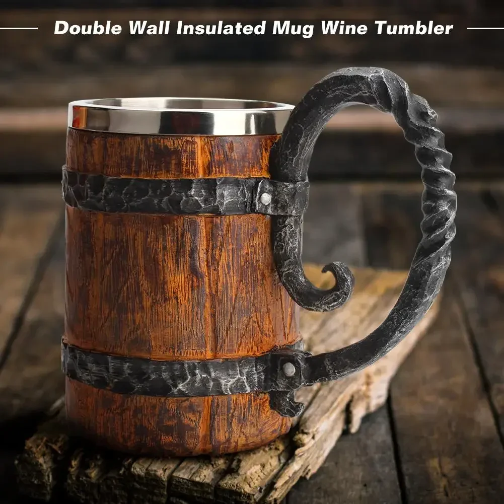 1pc Viking Beer Mug, Double Wall Insulated Whiskey Barrel Cup, Viking Wood Style Beer Mug, Wooden Gift Antique Arrel Capacity