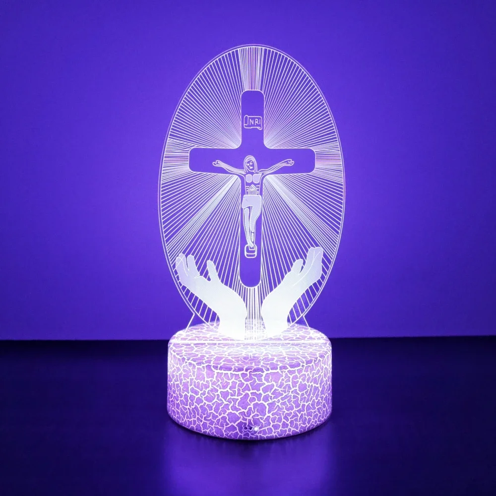 Lampada 3D LED Gesù Croce Illusione Ottica - Luce Notturna Con 7 Colori E Touch - Decorazione Acrilica Da Tavolo USB