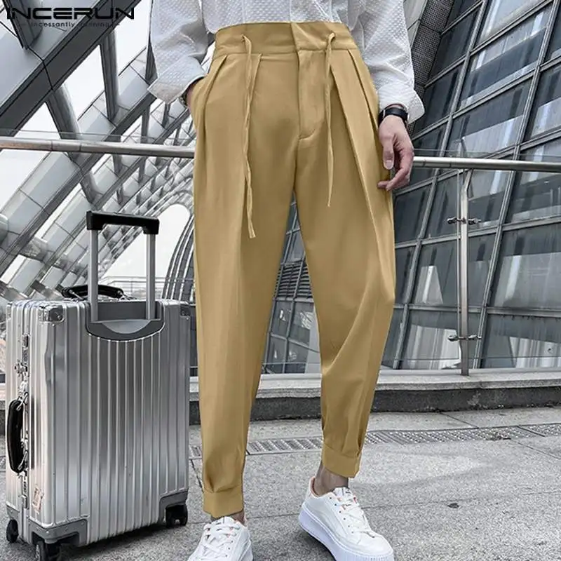 Men Trousers Fashion Men Pants Solid Color Lace Up Pleated Joggers Casual Trousers Men Loose Streetwear Leisure Long Pants S-5XL INCERUN