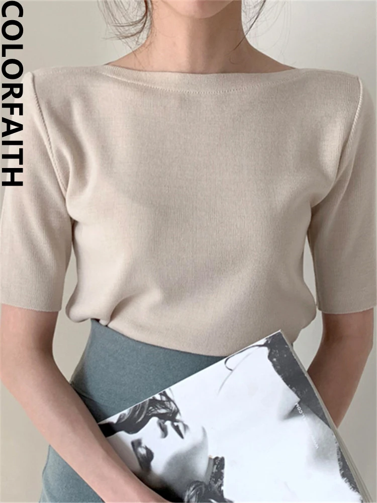 

BabYoung New 2022 Bottoming Basic Solid Fashionable Knitted Minimalist Style Korean Wild Lady Women Summer T-Shirt Tops T7609