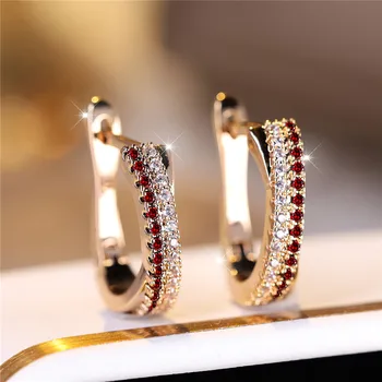 Luxury Female Red Zircon Stone Clip Earrings Charm Gold Color Wedding Jewelry For Women
