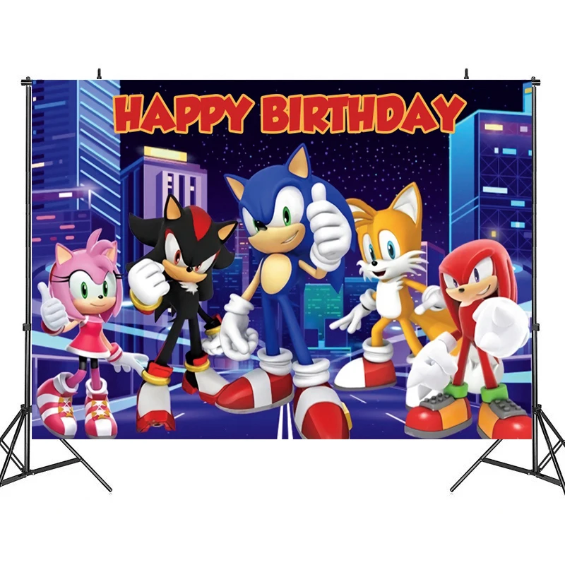 thumbnail image 1 of Fondo fotográfico personalizado con nombre y años de Sonic the Hedgehog, decoración para fiesta de cumpleaños, vinilo, tela de poliéster, pancarta de tela, 1 of 5