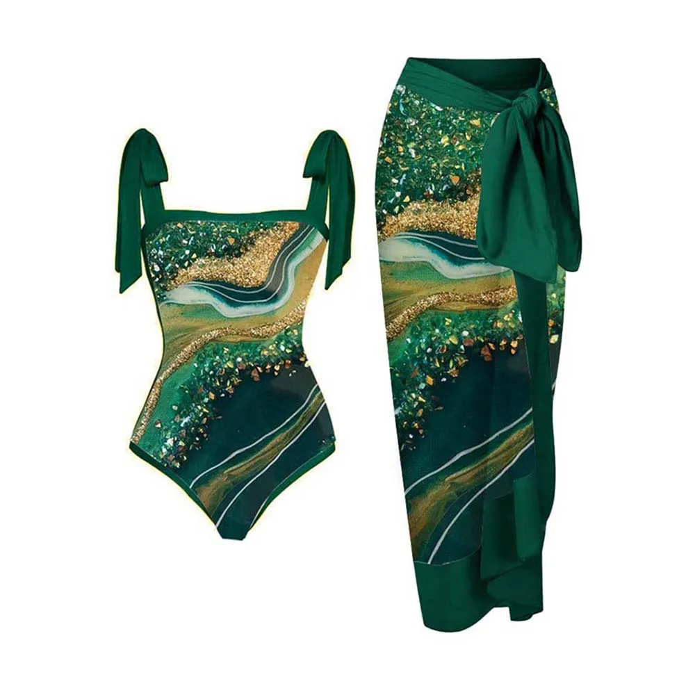 

2023 Natural Printed One Piece Swimsuit Cover Up Women Fashion Push Up Slim 3 Piece Swimwear Sexy Bikini Bathing Suit Beachwear
