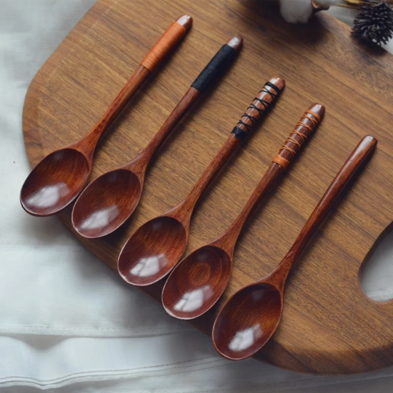 Handmade Wooden Spoon 20CM Wrapped Wire Large Dessert Rice Soup Spoon Long Handled Kids Wood Mixing Kitchen Tool wooden spoon