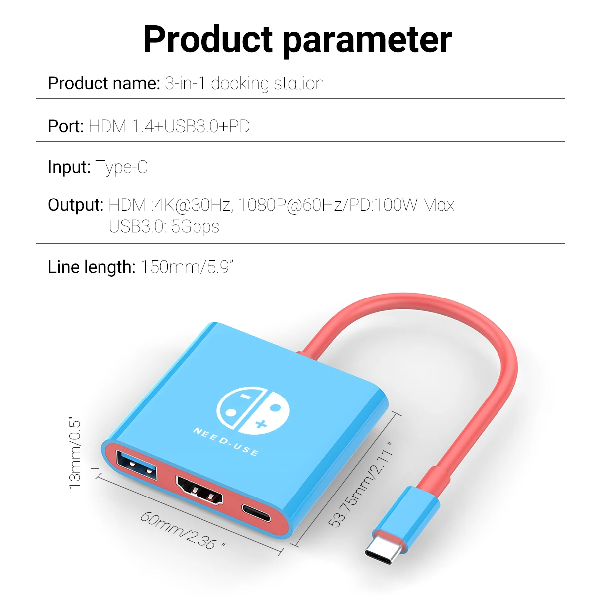 USB C to HDMI Multiport Adapter 3-in-1 Type-C Hub Thunderbolt 3 to HDMI 4K Output 100W PD Port for Nintendo Switch MacBook Pro
