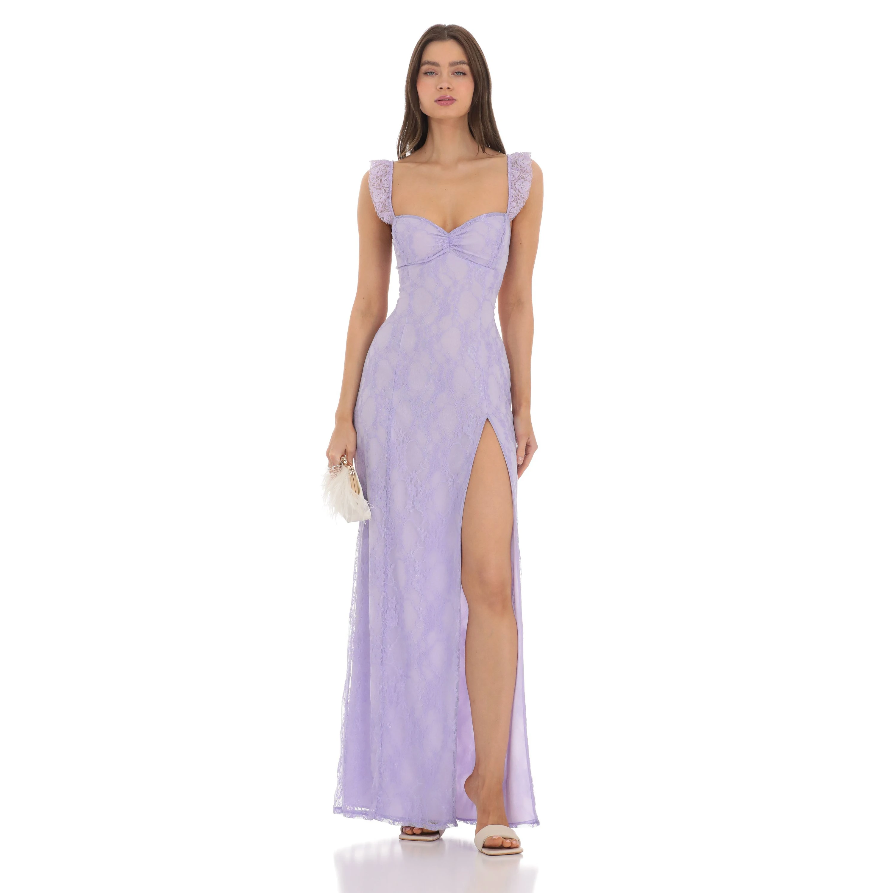 Damen-Spitzenkleid mit Spaghettiträgern, hohem Schlitz, Rückenträgern, sexy langes Kleid, offener Rücken, Schlitz, langer Rock