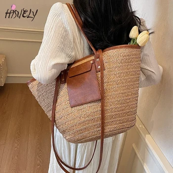 Borse tote con cerniera in tessuto di grande capacità per le donne 2026 Borse a tracolla da viaggio moda coreana estiva Borsa da spiaggia in paglia da donna