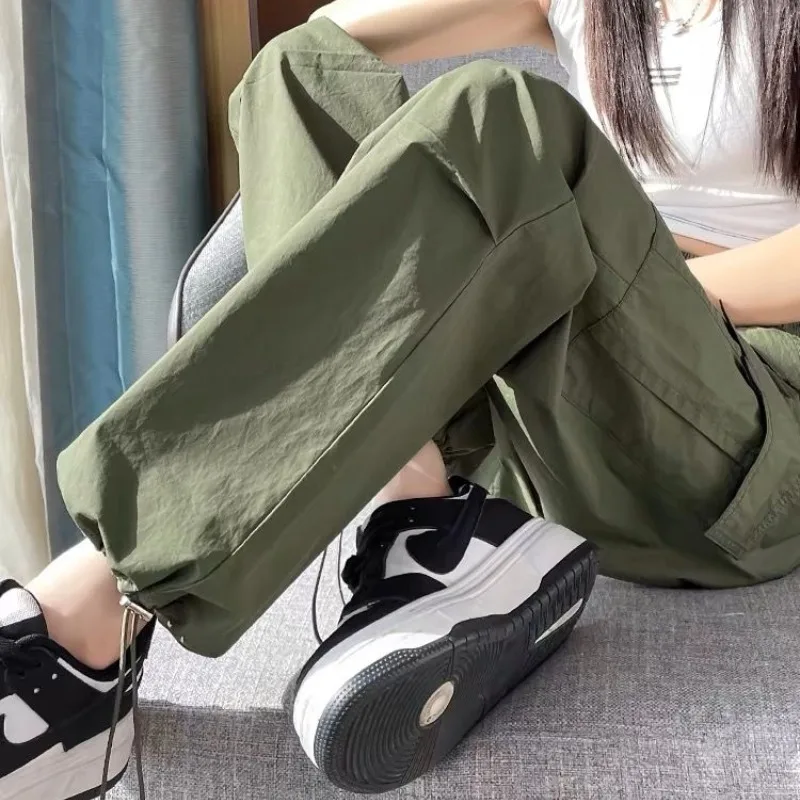 Spring Autumn Women's Solid Pockets Drawstring Elastic High Waist Ankle Tied Lantern Work Clothes Casual Trousers Vintage Pants