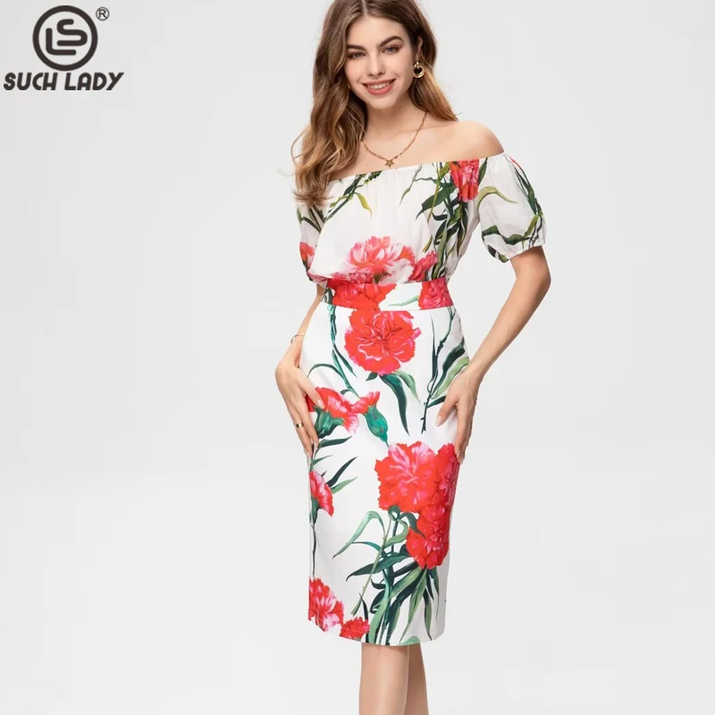 

Women's Runway Designer Two Piece Dress Slash Neckline Short Sleeves Blouse with Printed Floral Pencil Skirt Twinsets