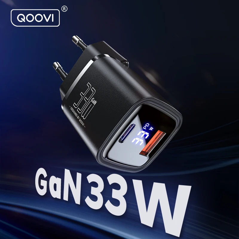 QOOVI 33W GaN Charger Dual-Port USB Type C Fast Charging Adapter PD USB-C Wall Charger For iPhone Samsung Xiaomi Tablet iPad