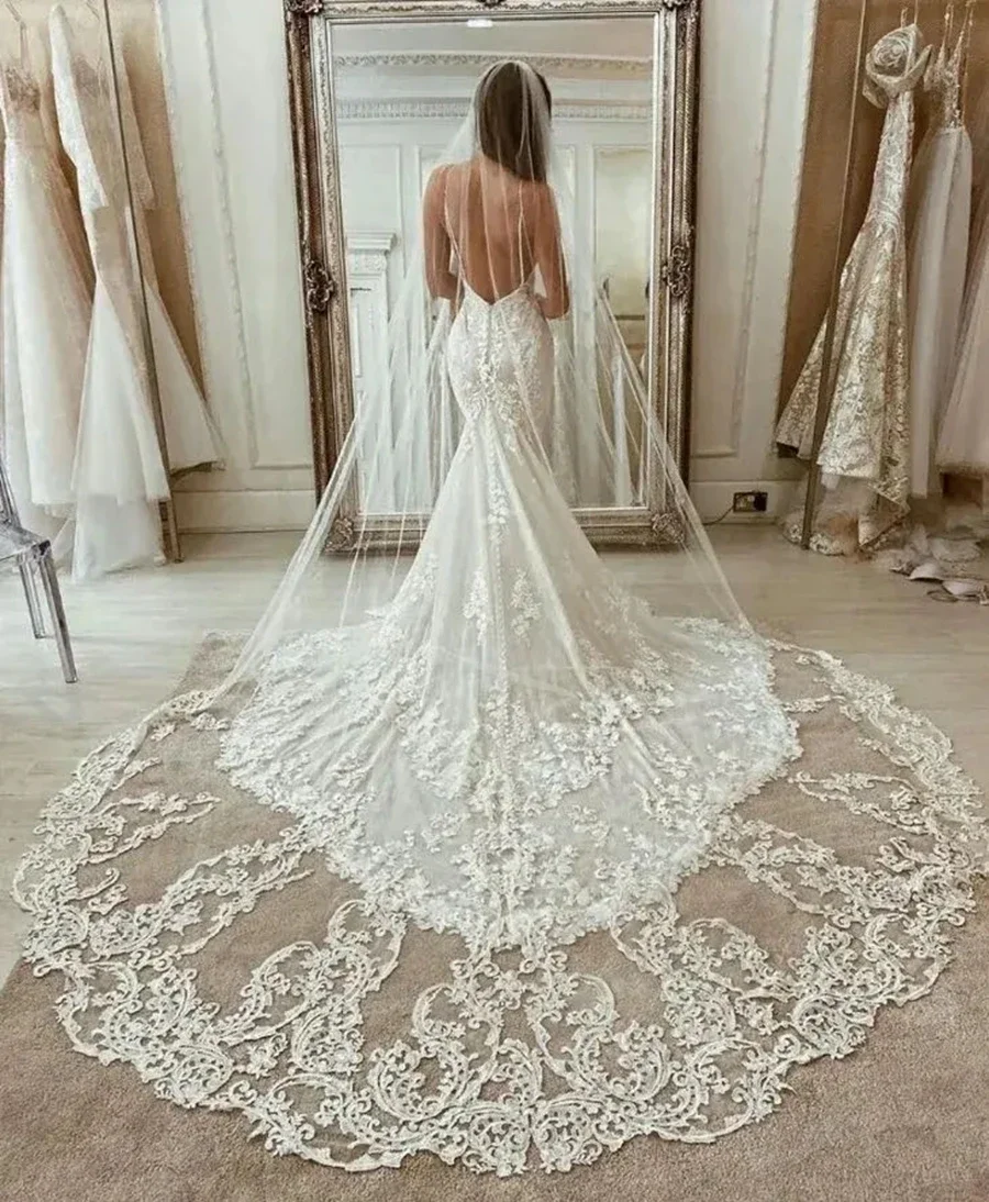 

Wholesale White Ivory Sexy Long Bridal Veils Cathedral Lace Applique Bridal Veil Voile De La Mariée