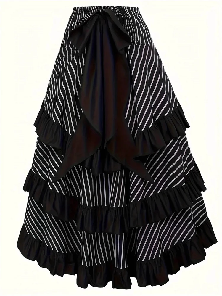 Gothic High Low Irregular Black Midi Long Skirt Bow Back White Striped Ruffles Adjustbale Steampunk Vintage Victorian Skirts Emo